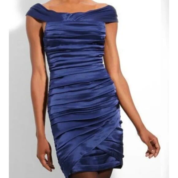 Alice + Olivia Silky Voloshin Aliska Navy Blue Ruched Satin Sheath Dress - Picture 9 of 15